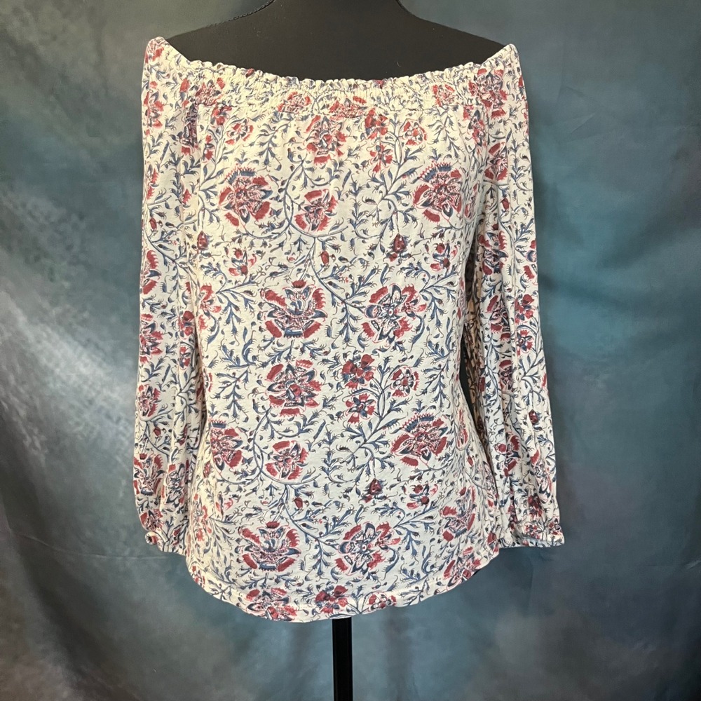 Chaps Denim Womens XL Floral Peasant Blouse Red Blue Cotton Smocked Off Shoulder